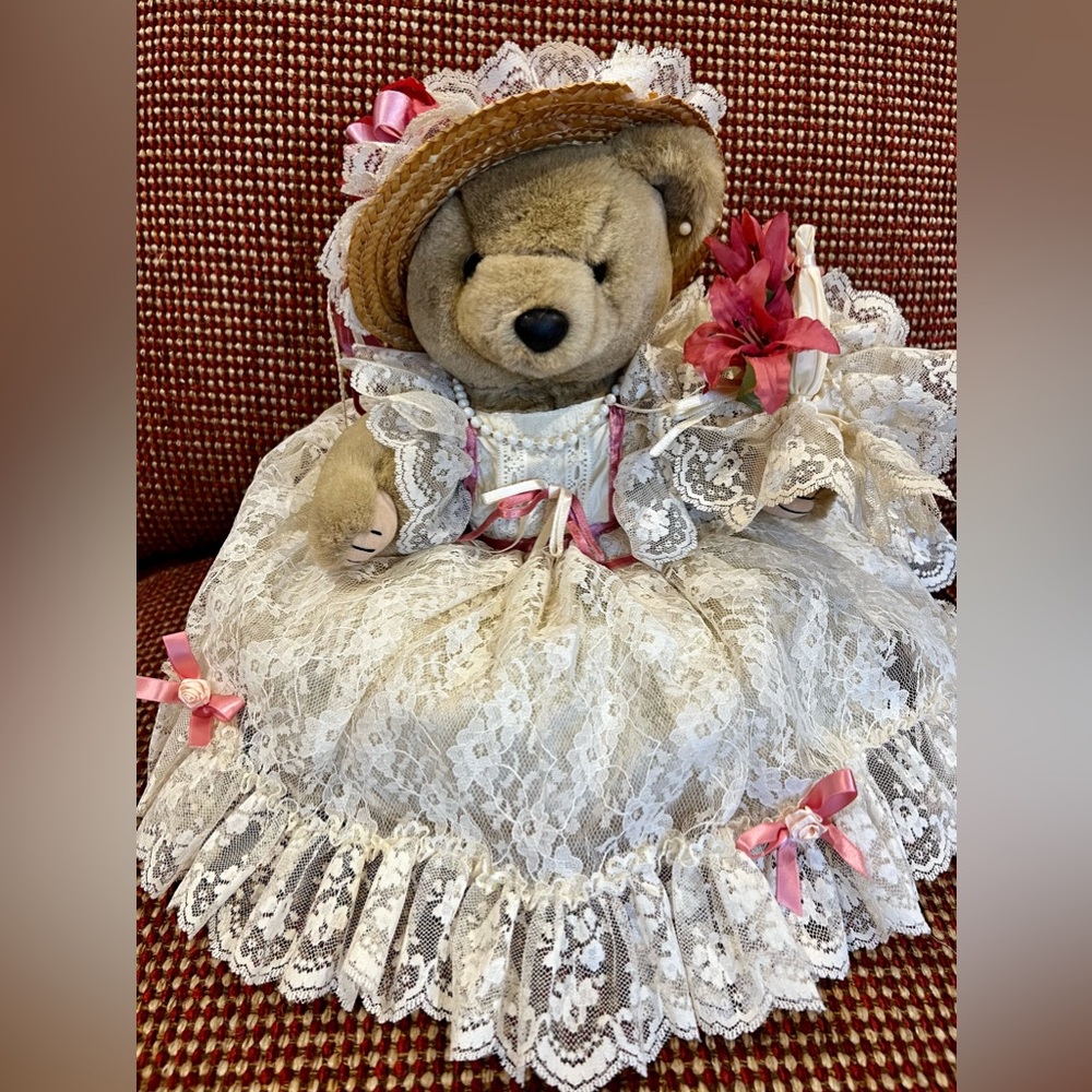 Bearly People Stuffed Plush Lady Bear In Floral Dress And Matching Bonnet.